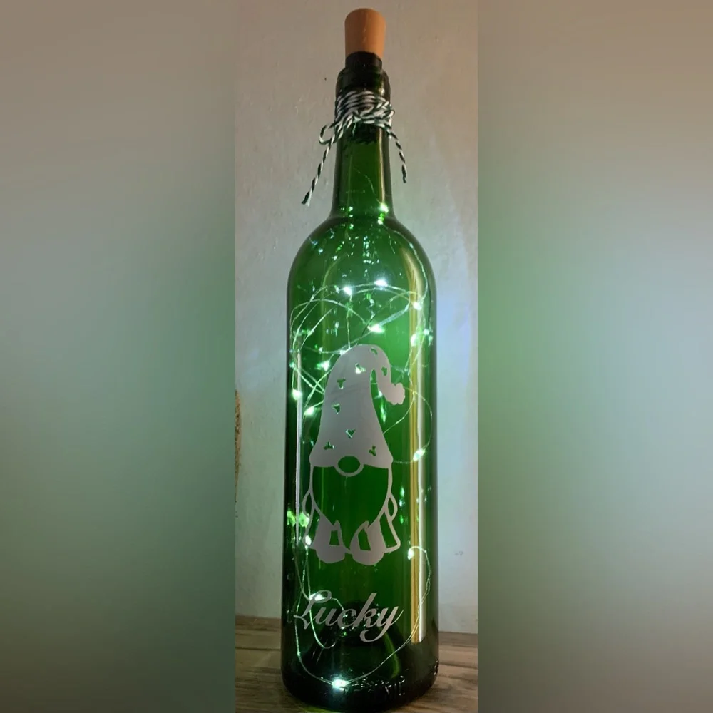 ‘Lucky’ Gnome wine bottle lantern